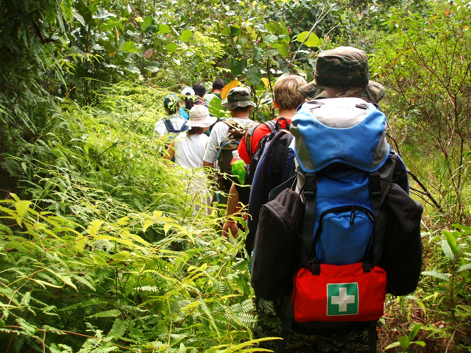 Group Hiking with Back Packs and an Emergency Aid Kit